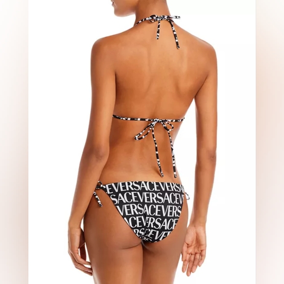 🖤 Versace Logo Print Triangle Bikini Top & Side Tie Bikini Bottom NWT - Picture 2 of 9